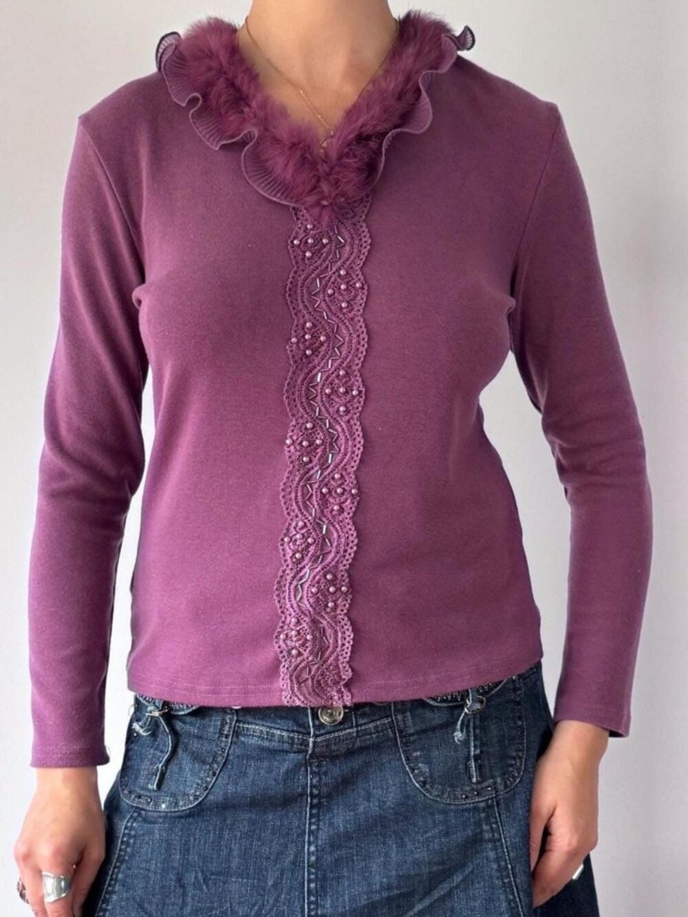 Y2K vintage purple embroidered beaded rabbit fur lace trim long sleeve shirt top